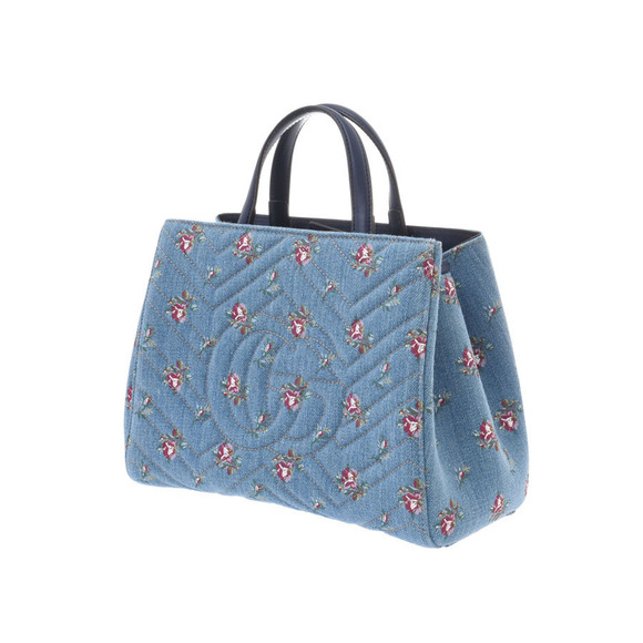 Gucci GG Marmont Handbag Flower Blue Denim Leather Strap - Picture 2 of 9